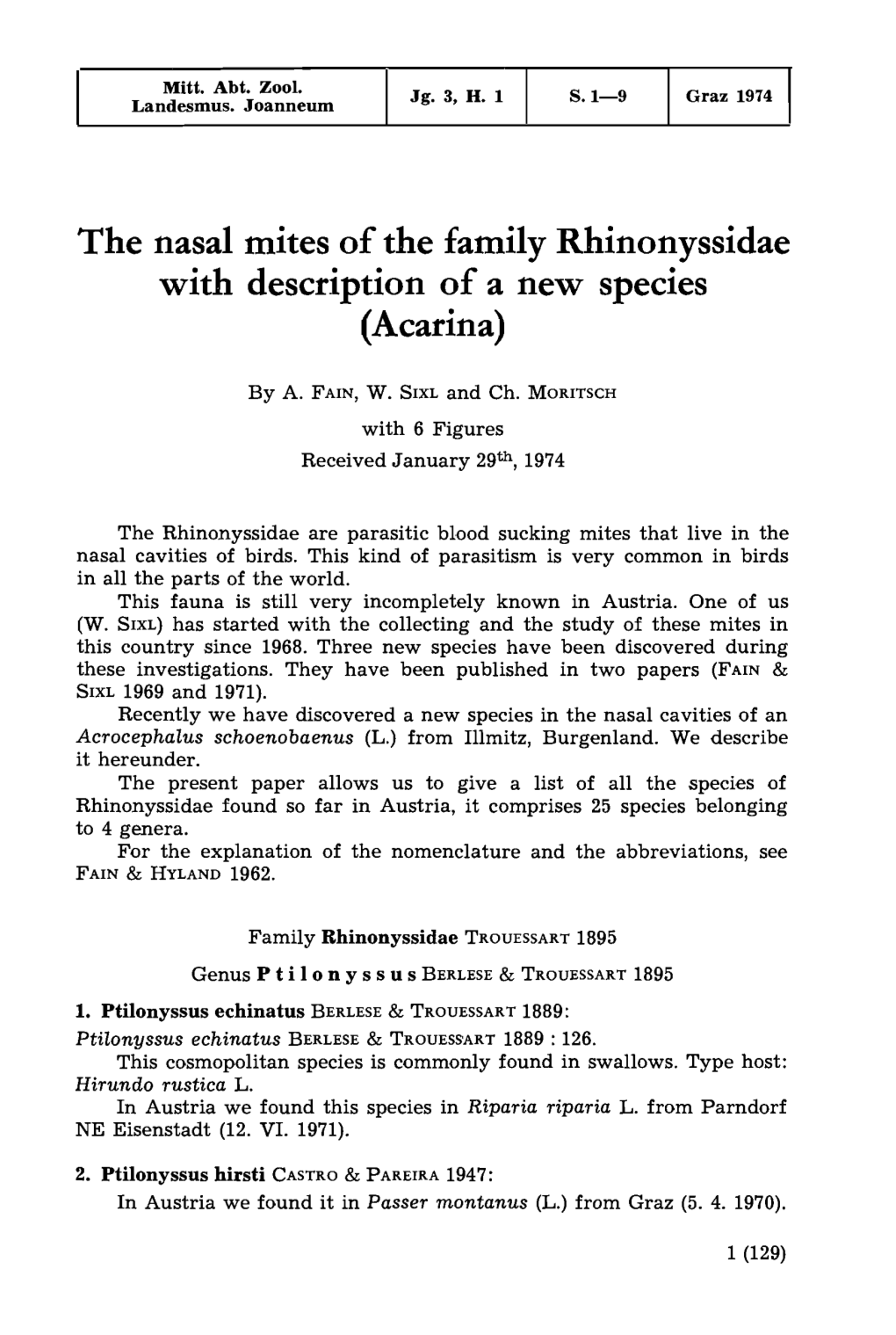The Nasal Mites of the Family Rhinonyssidae with Description of a New Species (Acarina)