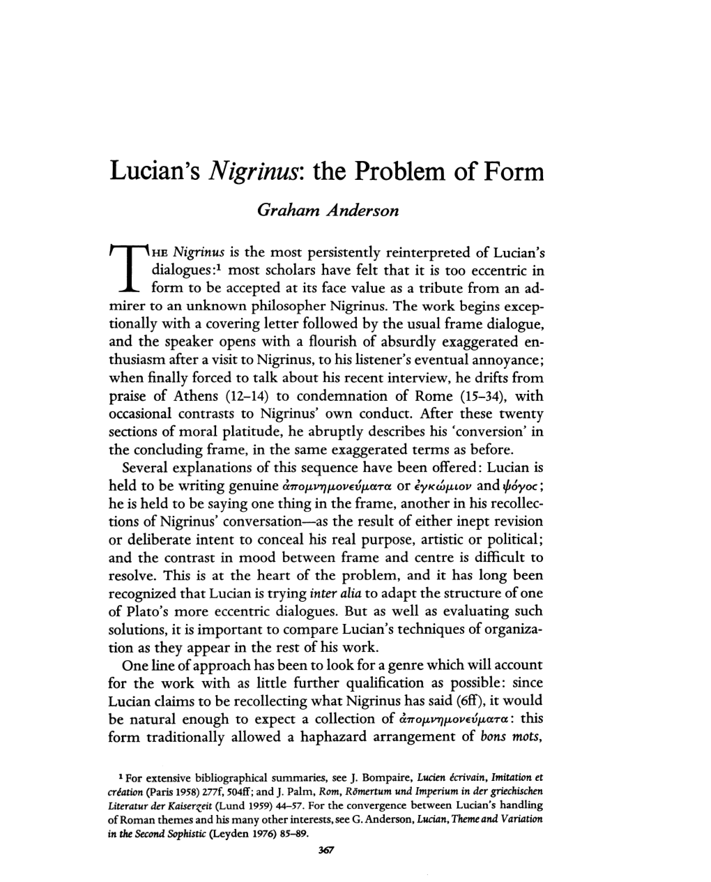 Lucian's Nigrinus: the Problem of Form Graham Anderson