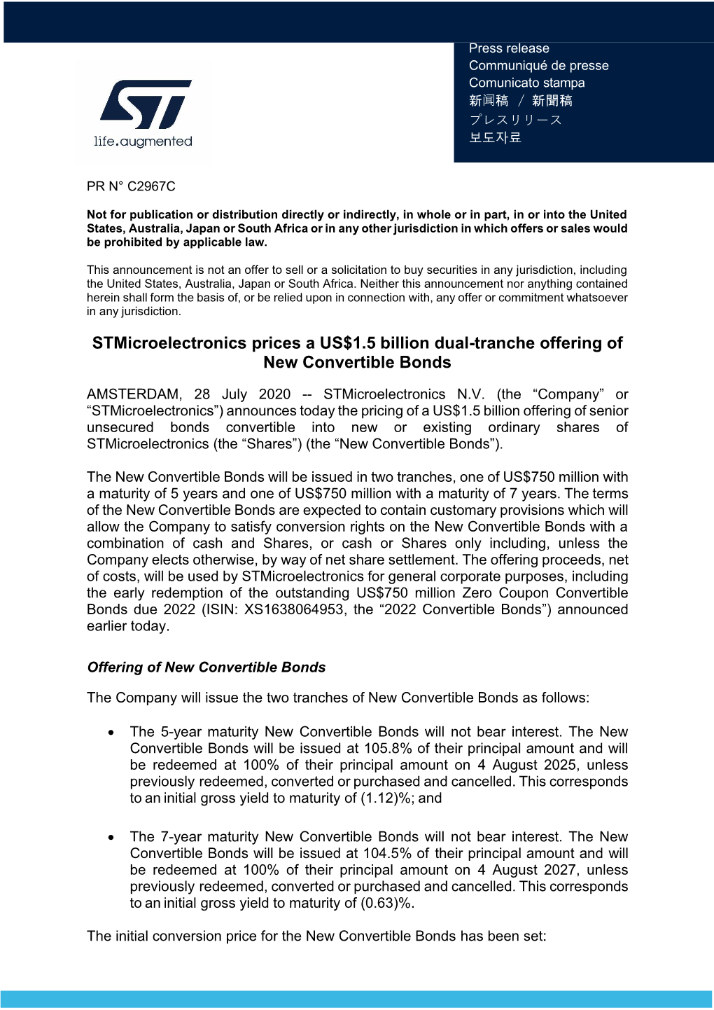 Stmicroelectronics Prices a US$1.5 Billion Dual-Tranche Offering of New Convertible Bonds