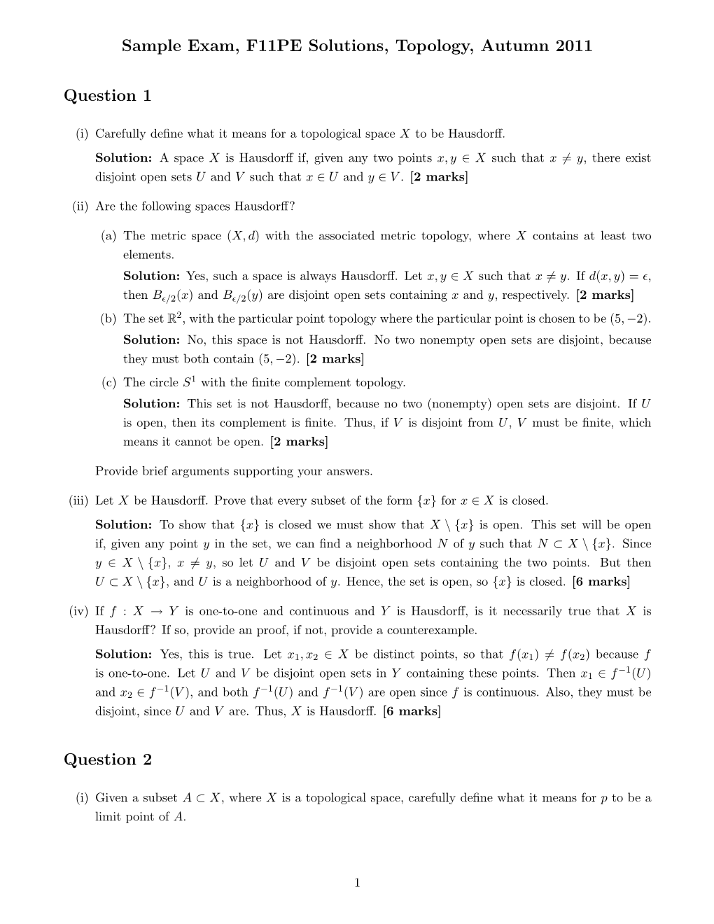 Sample Exam, F11PE Solutions, Topology, Autumn 2011 Question 1