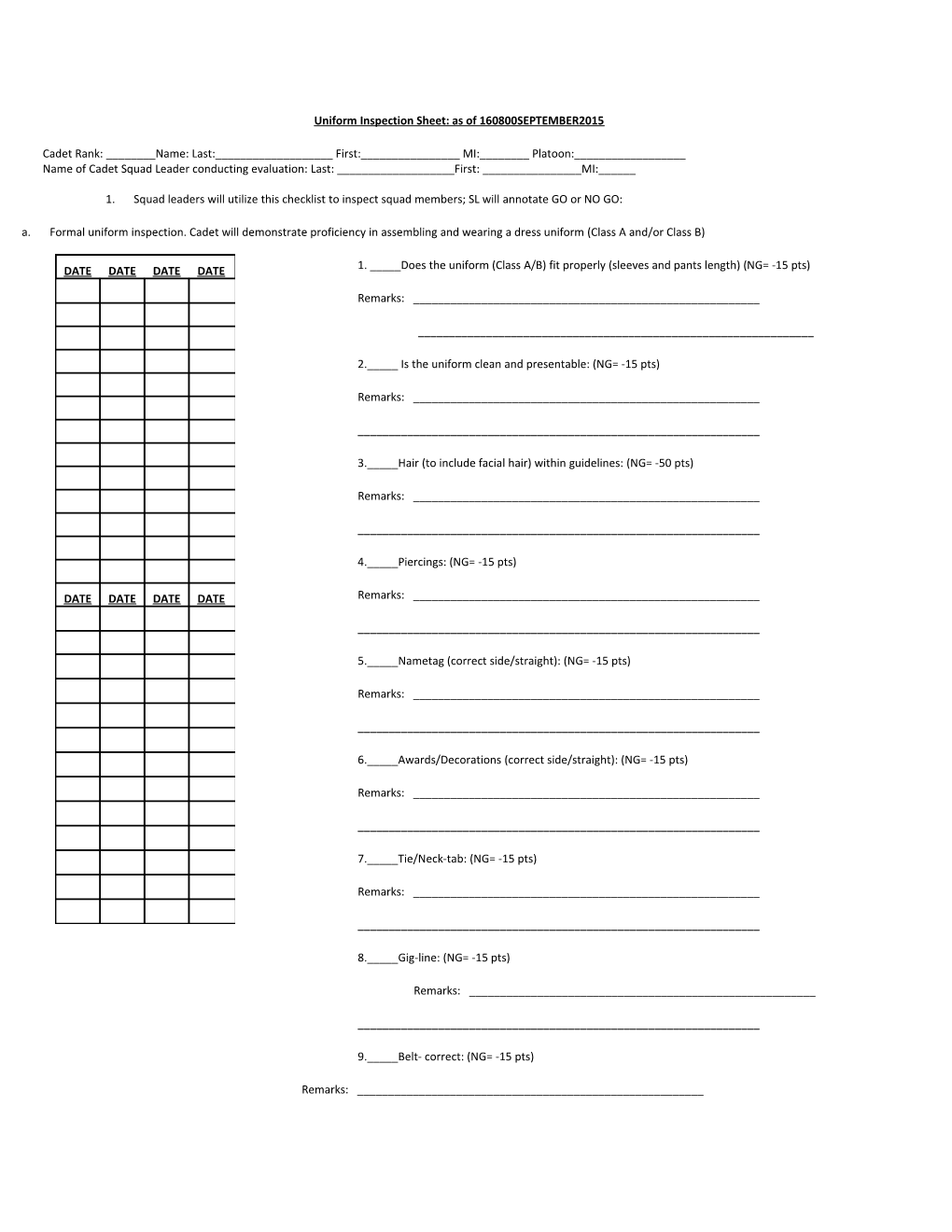 Uniform Inspection Sheet: As of 160800SEPTEMBER2015