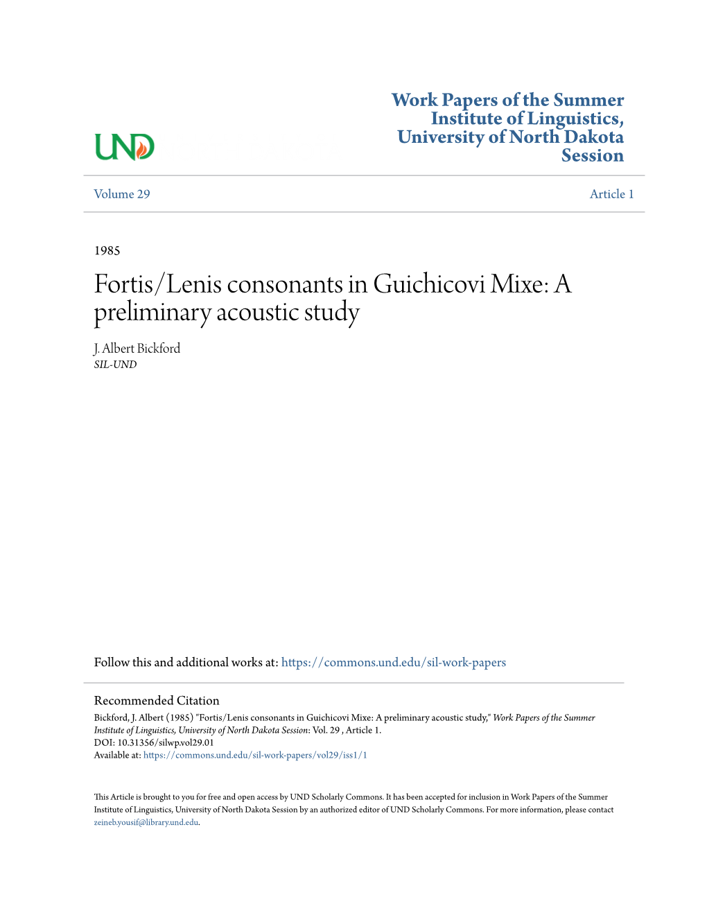 Fortis/Lenis Consonants in Guichicovi Mixe: a Preliminary Acoustic Study J