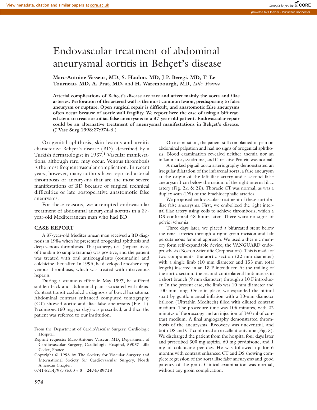 Endovascular Treatment of Abdominal Aneurysmal Aortitis in Behçet's