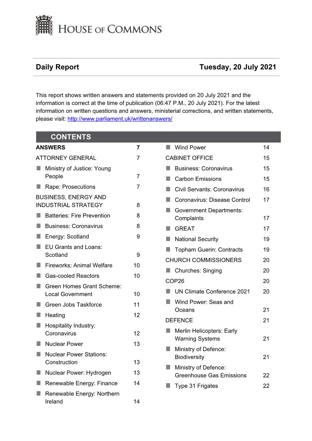 Daily Report Tuesday, 20 July 2021 CONTENTS