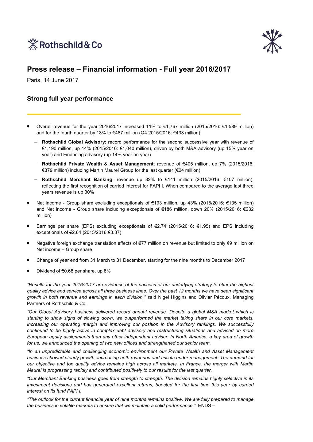 Press Release – Financial Information - Full Year 2016/2017 Paris, 14 June 2017