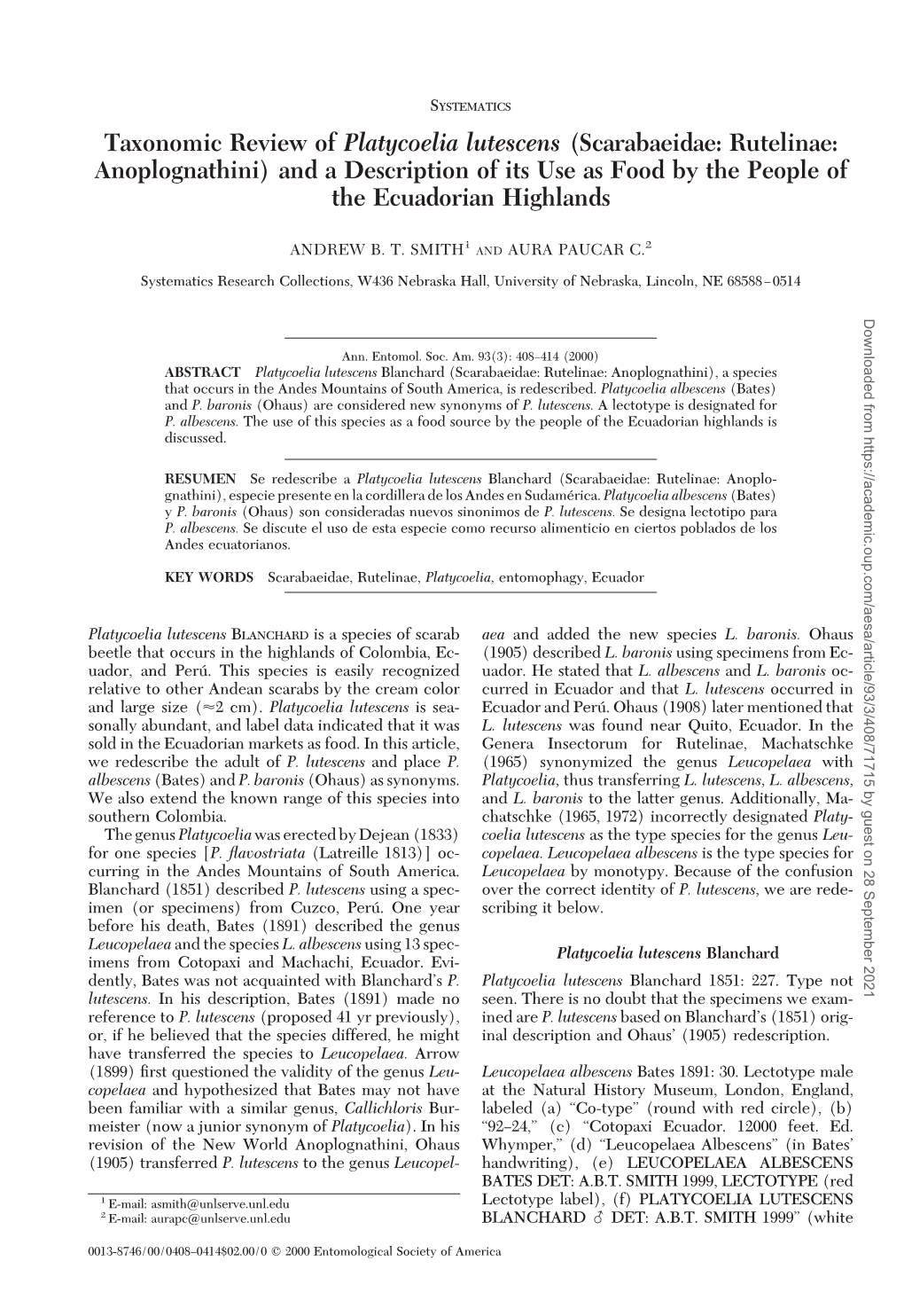 Taxonomic Review of Platycoelia Lutescens (Scarabaeidae: Rutelinae: Anoplognathini) and a Description of Its Use As Food by the People of the Ecuadorian Highlands