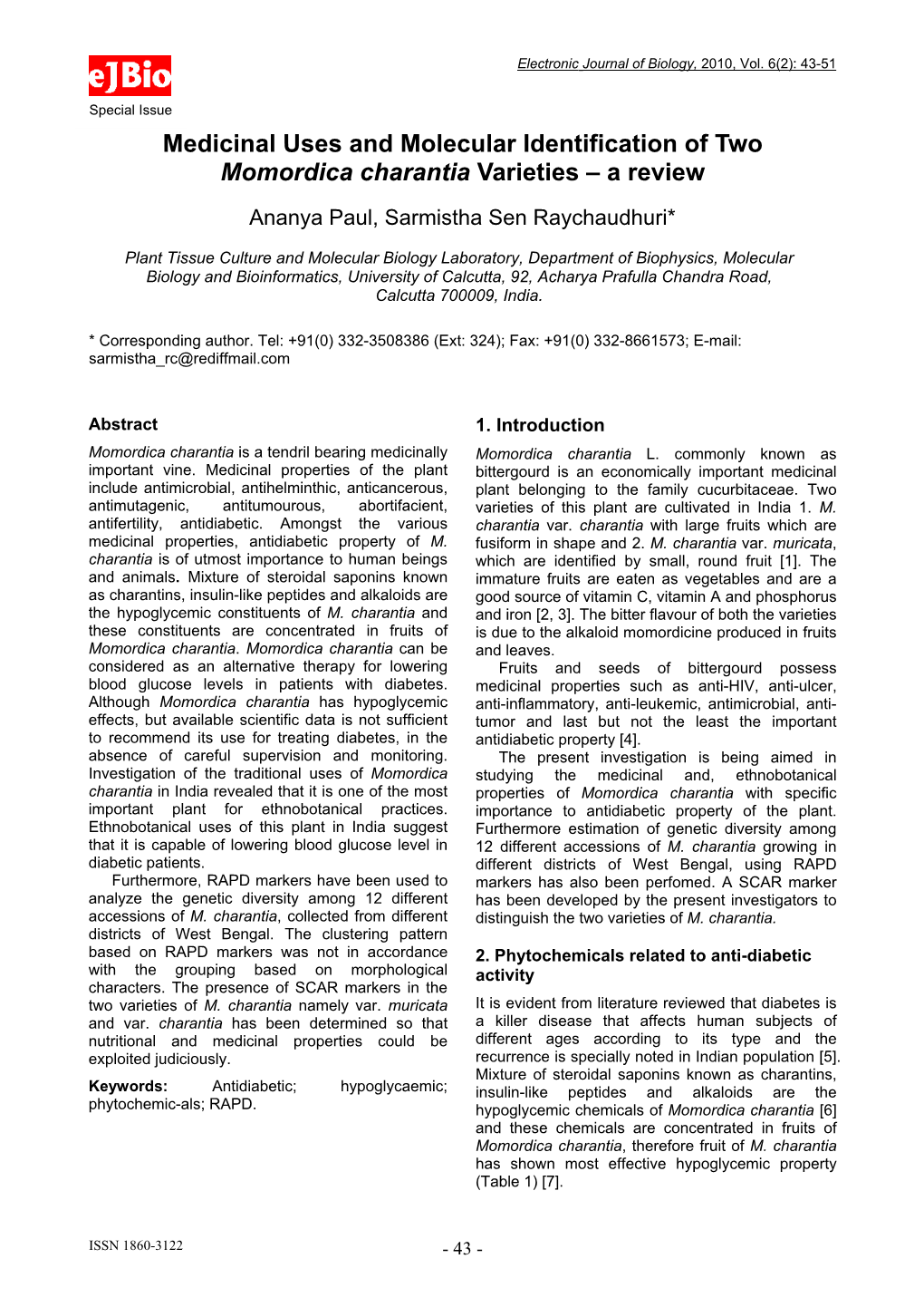 Medicinal Uses and Molecular Identification of Two Momordica Charantia Varieties – a Review