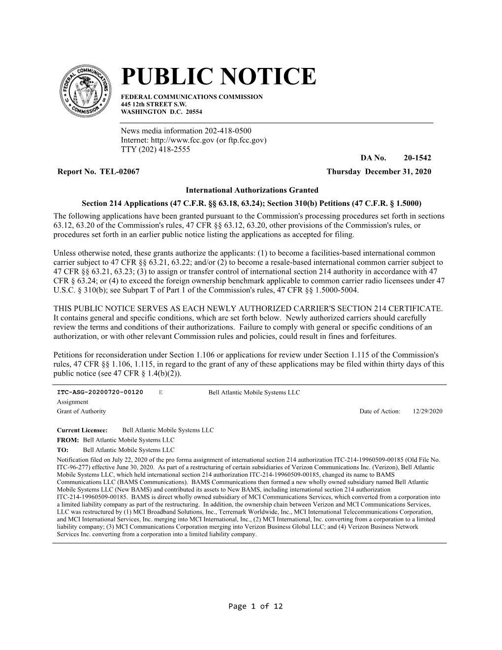 PUBLIC NOTICE FEDERAL COMMUNICATIONS COMMISSION 445 12Th STREET S.W