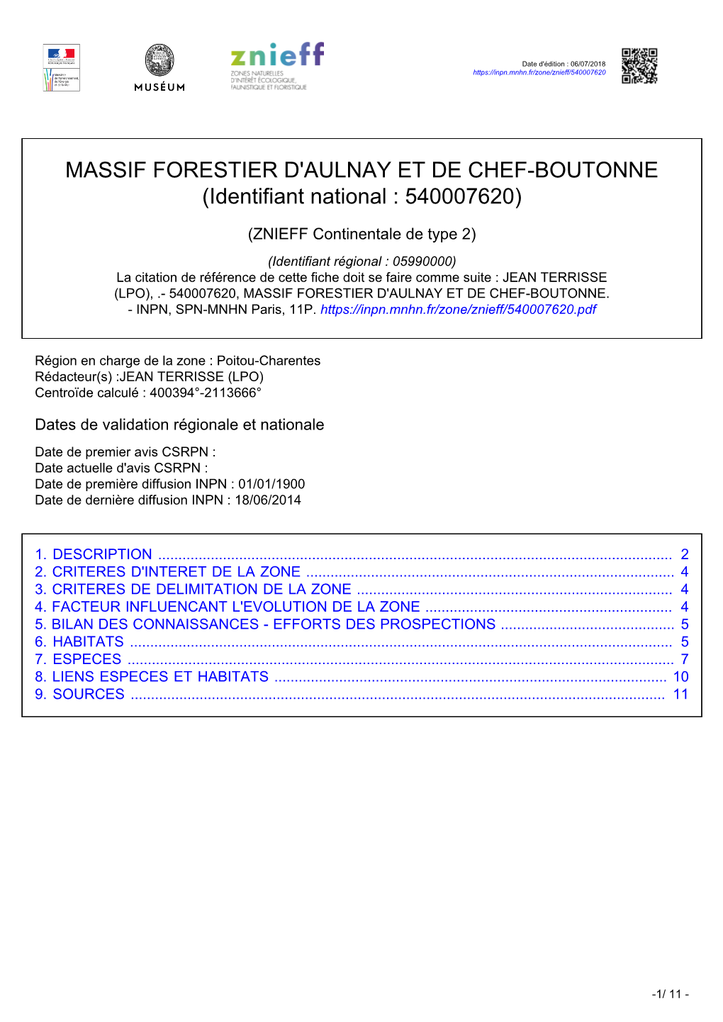 MASSIF FORESTIER D'aulnay ET DE CHEF-BOUTONNE (Identifiant National : 540007620)