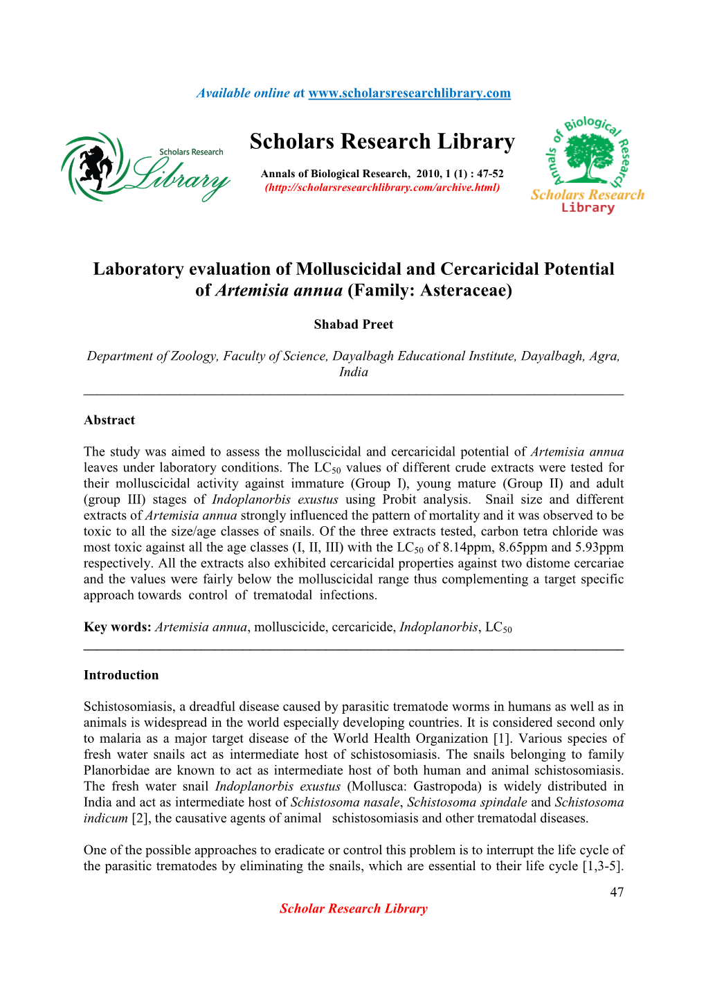 Laboratory Evaluation of Molluscicidal and Cercaricidal Potential of Artemisia Annua (Family: Asteraceae)