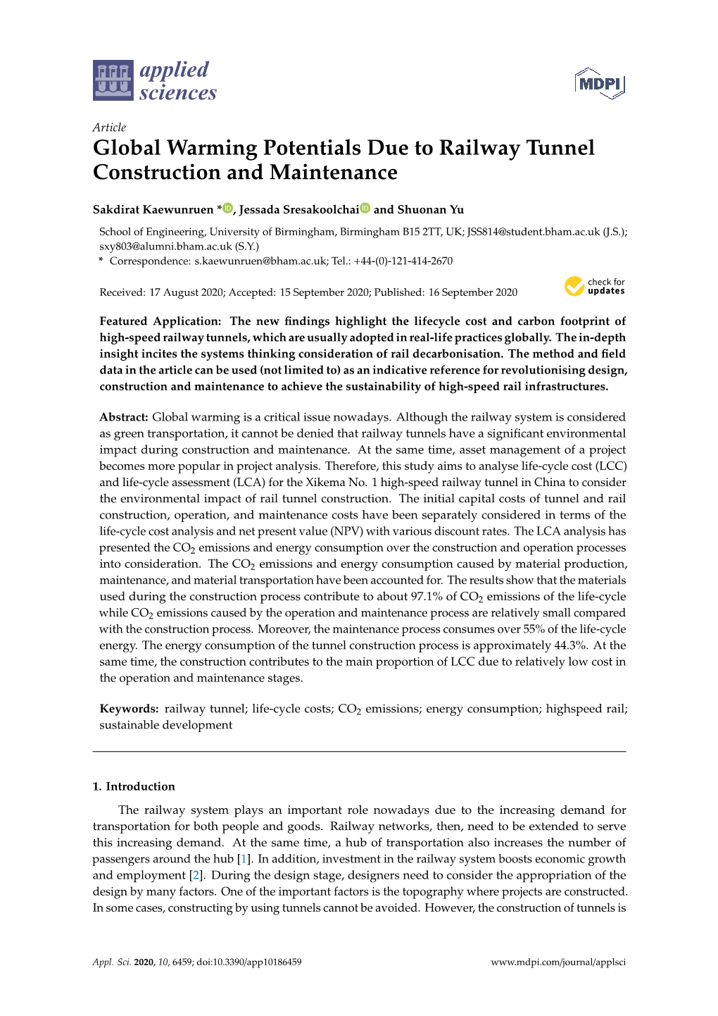 Global Warming Potentials Due to Railway Tunnel Construction and Maintenance