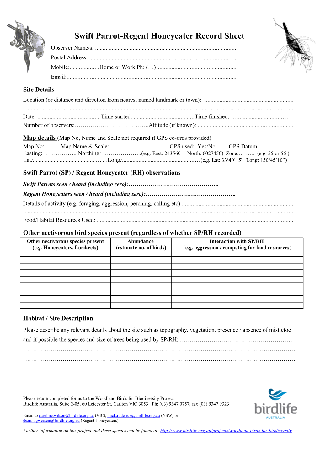 Regent Honeyeater - Record Sheet