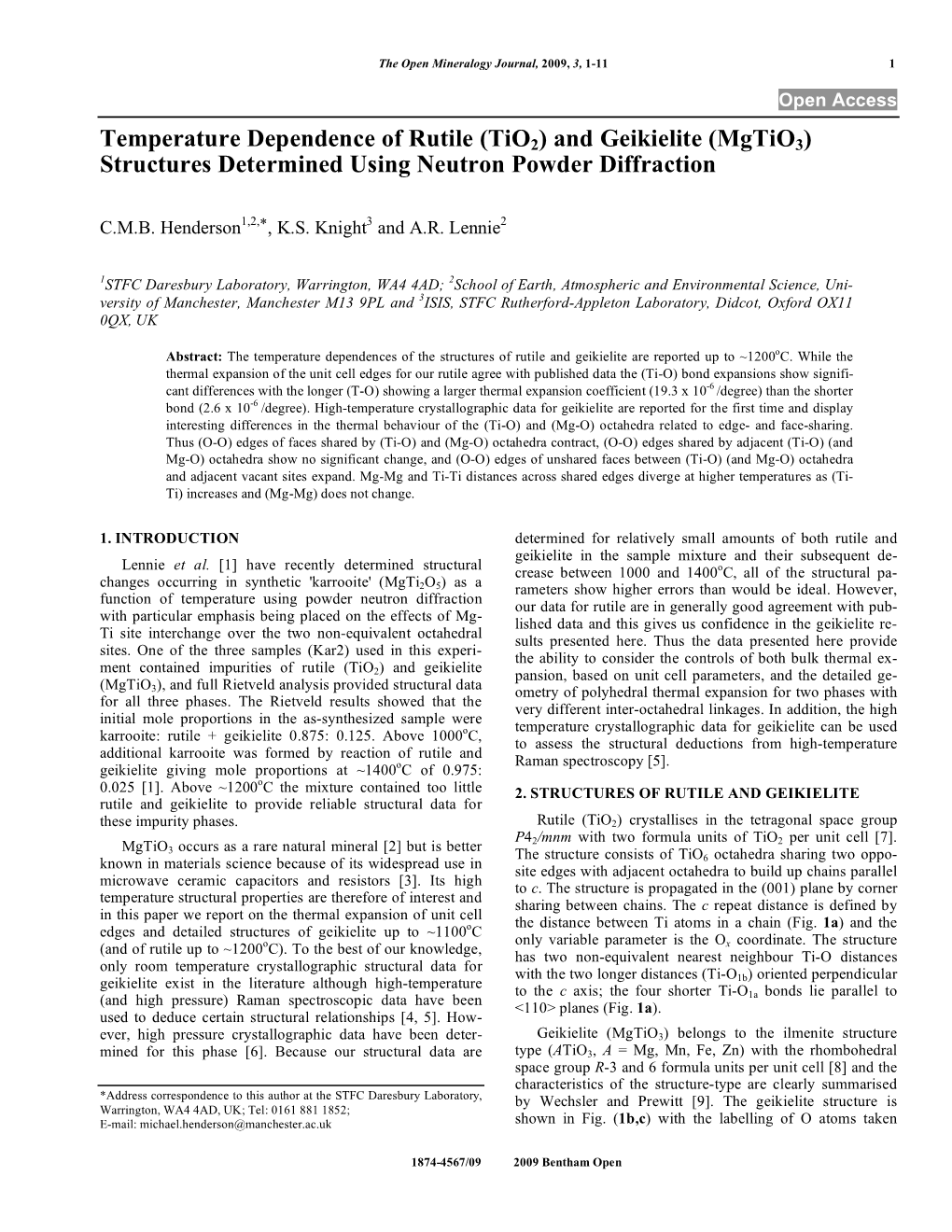 Temperature Dependence of Rutile (Tio2) and Geikielite (Mgtio3) Structures Determined Using Neutron Powder Diffraction