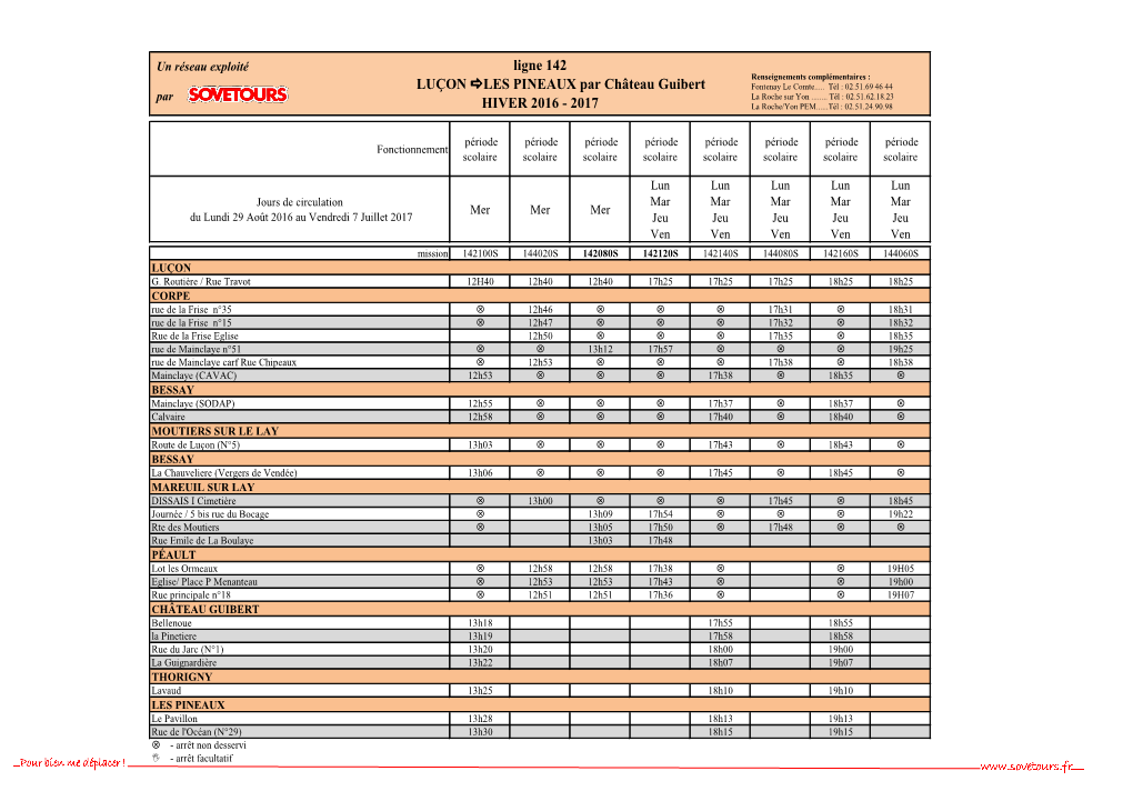 Ligne 142 LUÇON LES PINEAUX Par Château Guibert HIVER 2016