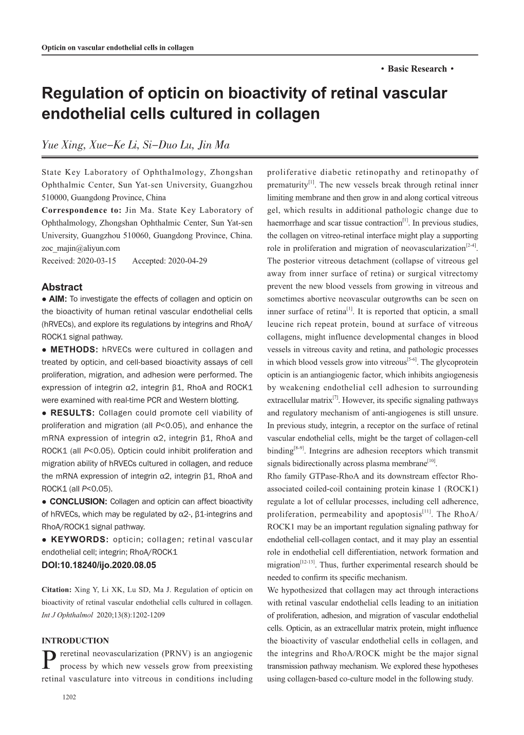 Regulation of Opticin on Bioactivity of Retinal Vascular Endothelial Cells Cultured in Collagen