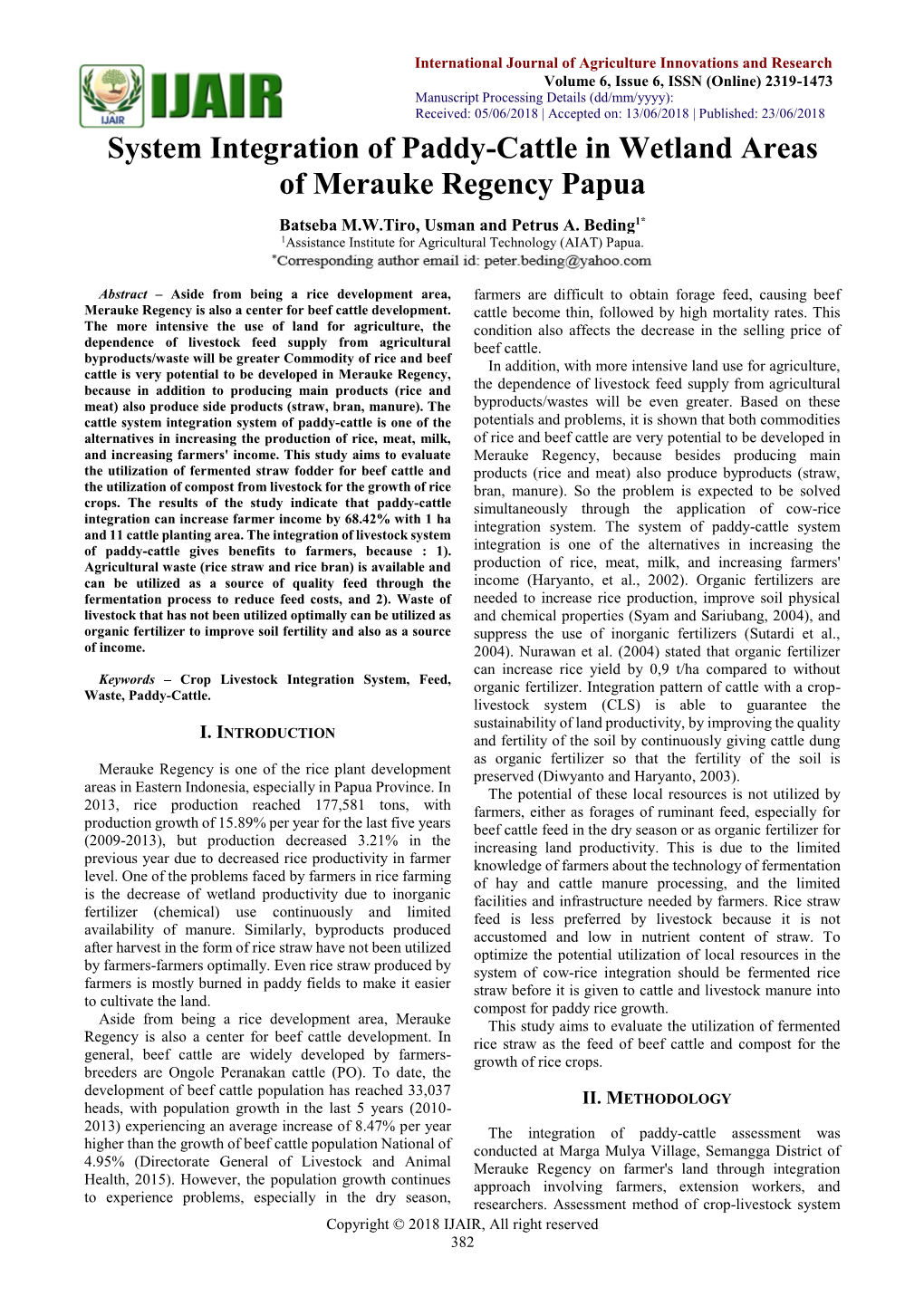 System Integration of Paddy-Cattle in Wetland Areas of Merauke Regency Papua