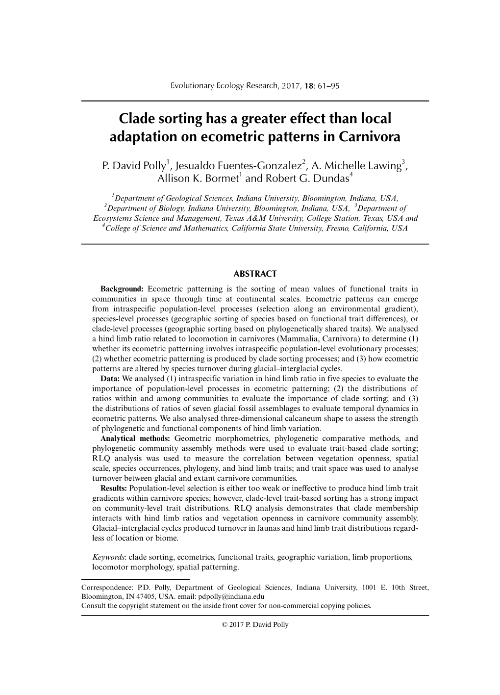 Clade Sorting Has a Greater Effect Than Local Adaptation on Ecometric Patterns in Carnivora