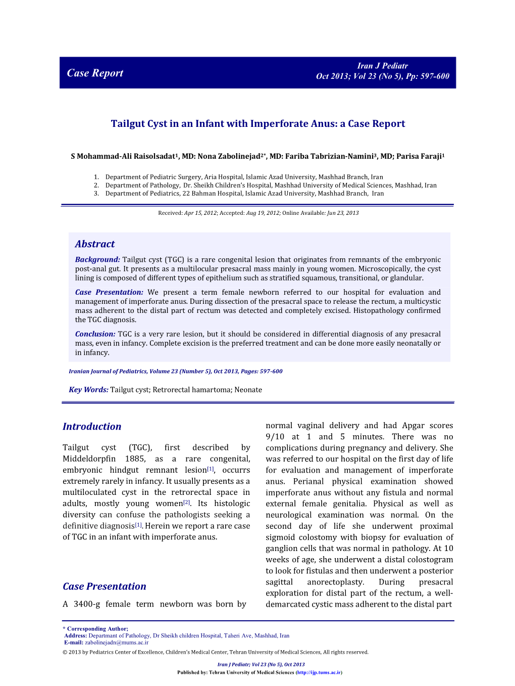 Tailgut Cyst in an Infant with Imperforate Anus: a Case Report