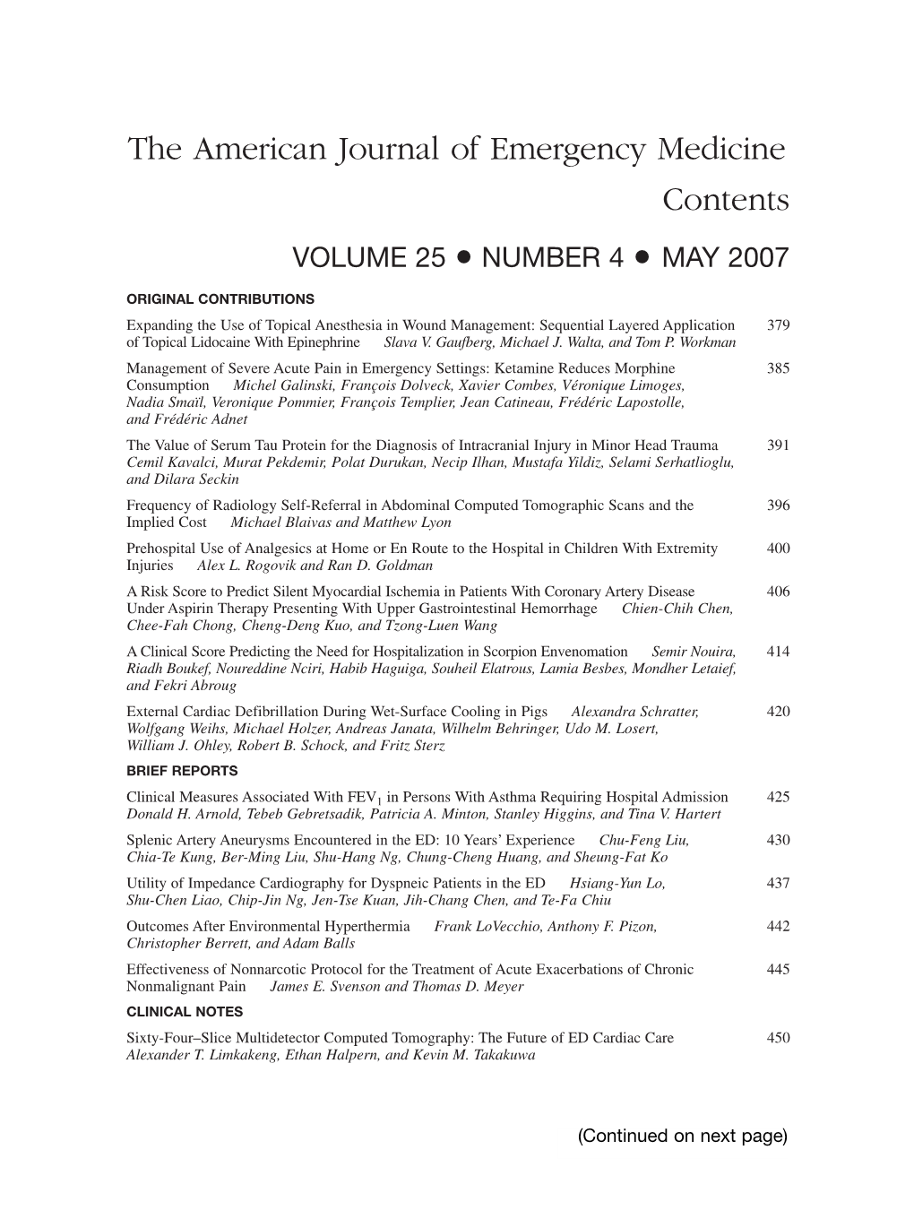 The American Journal of Emergency Medicine Contents VOLUME 25 • NUMBER 4 • MAY 2007