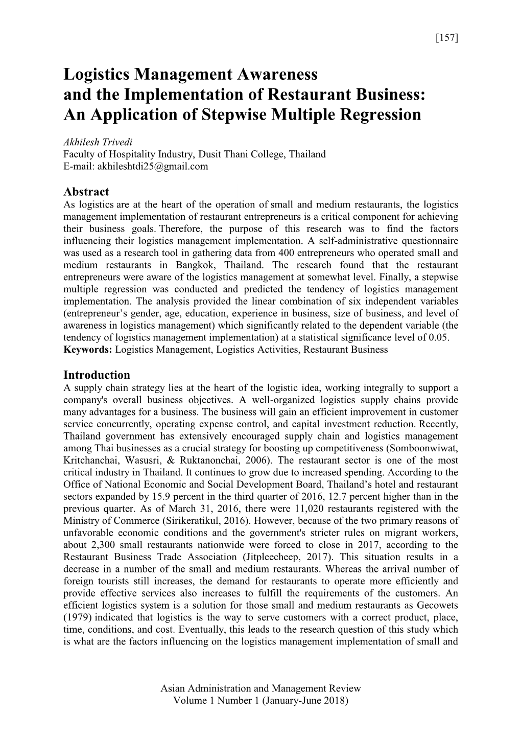 Logistics Management Awareness and the Implementation of Restaurant Business: an Application of Stepwise Multiple Regression