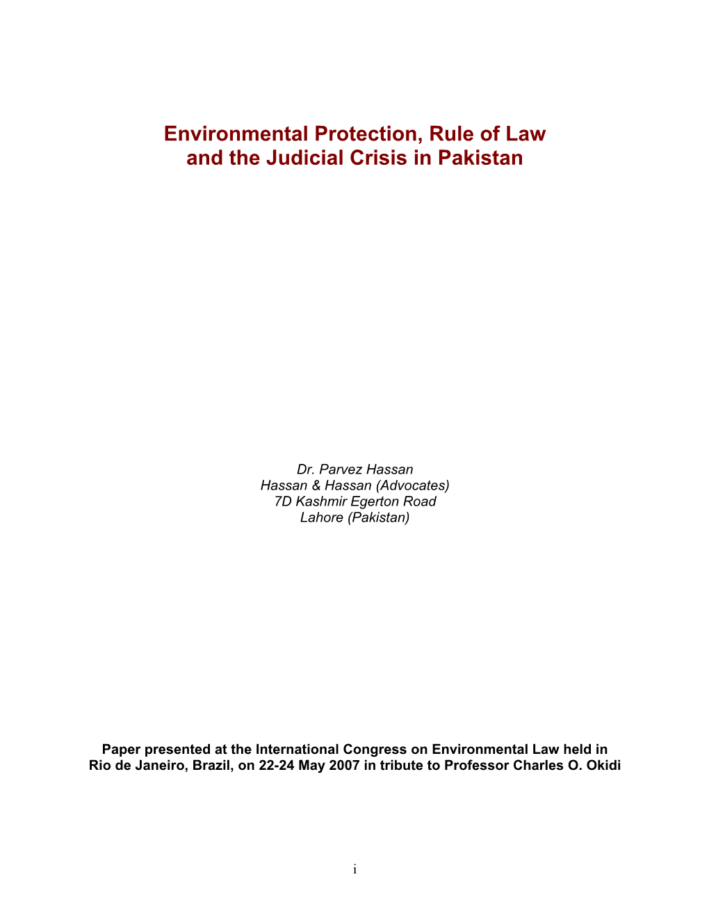 Environmental Protection, Rule of Law and the Judicial Crisis in Pakistan