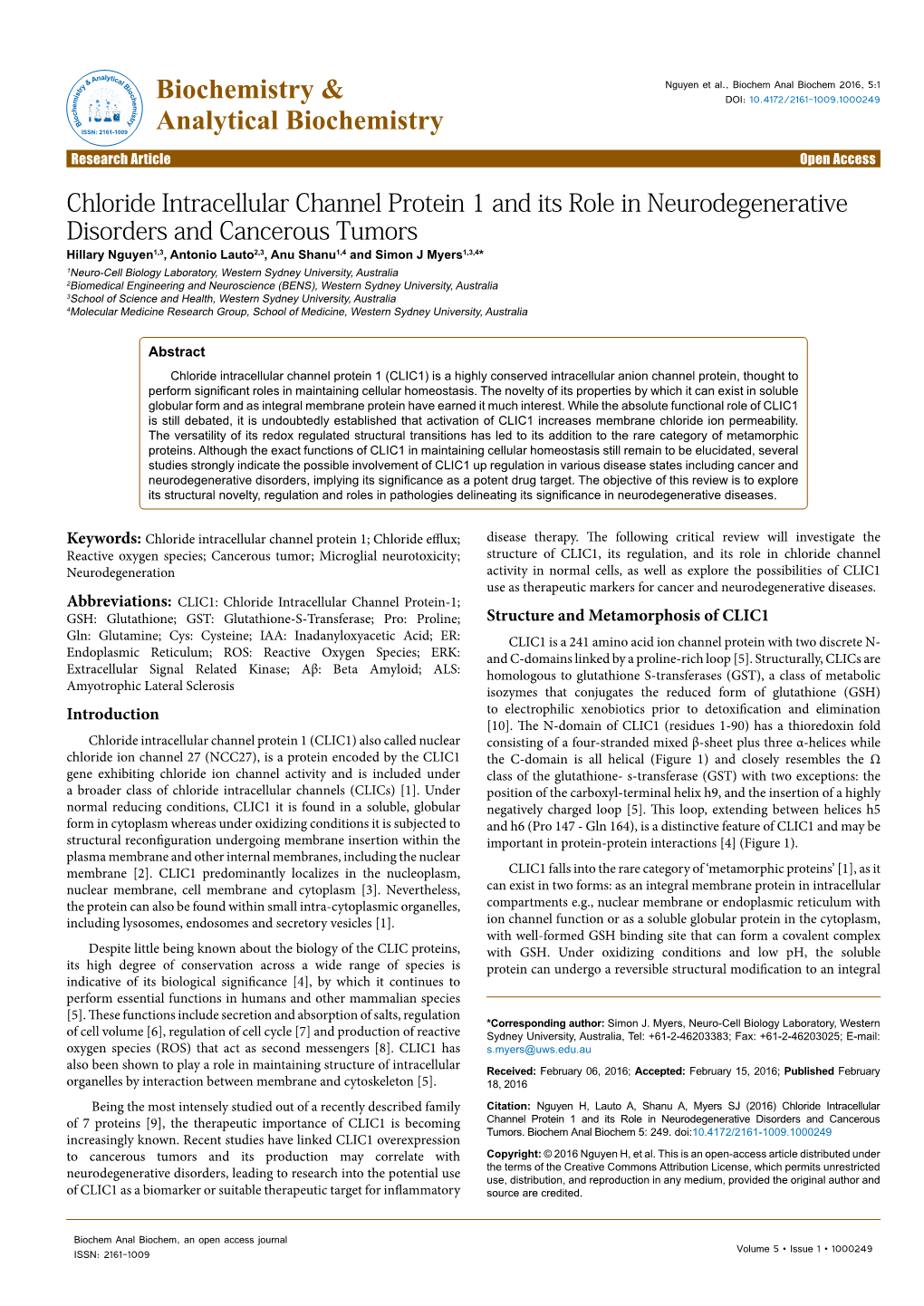 Chloride Intracellular Channel Protein 1 and Its Role In