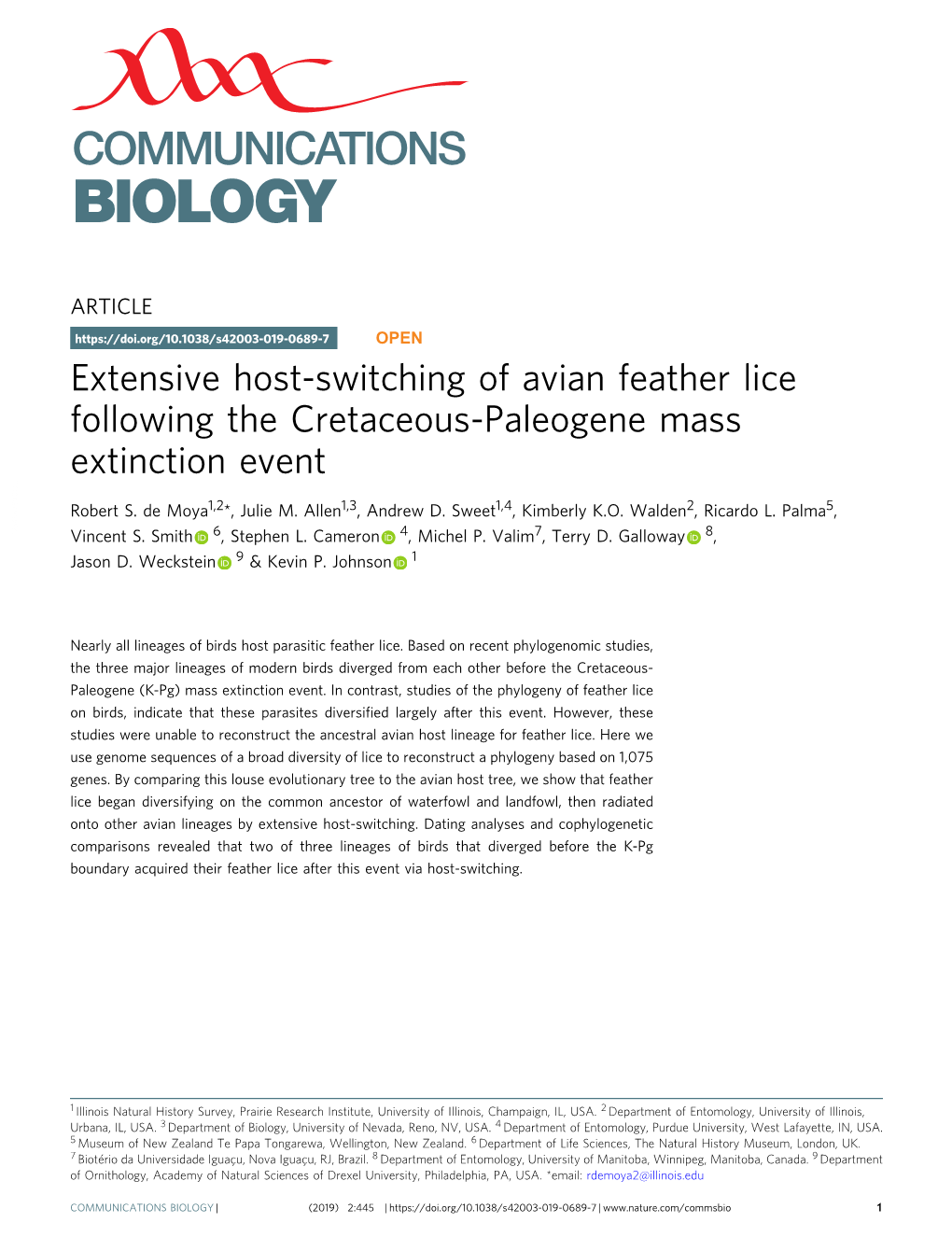 Extensive Host-Switching of Avian Feather Lice Following the Cretaceous-Paleogene Mass Extinction Event