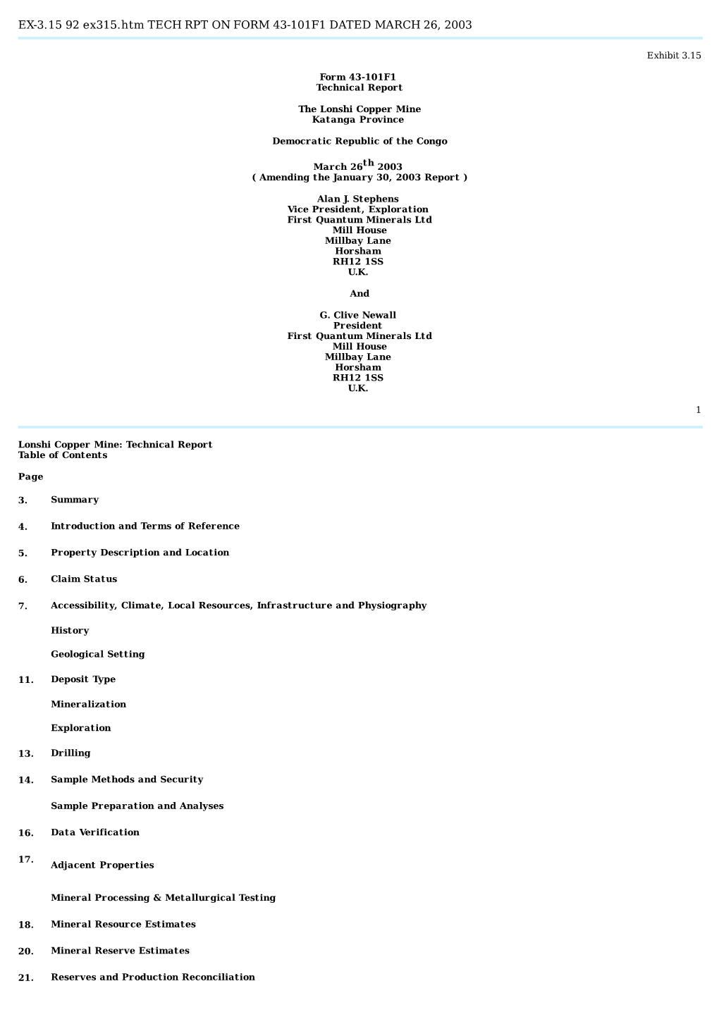 EX-3.15 92 Ex315.Htm TECH RPT on FORM 43-101F1 DATED MARCH 26, 2003