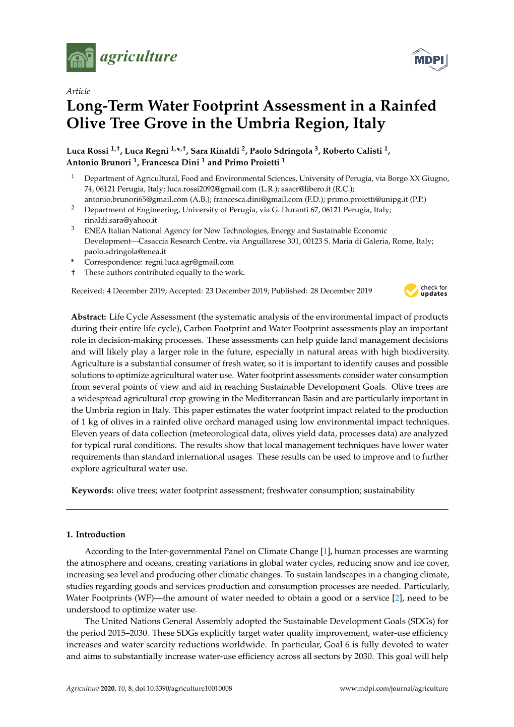 Long-Term Water Footprint Assessment in a Rainfed Olive Tree Grove in the Umbria Region, Italy