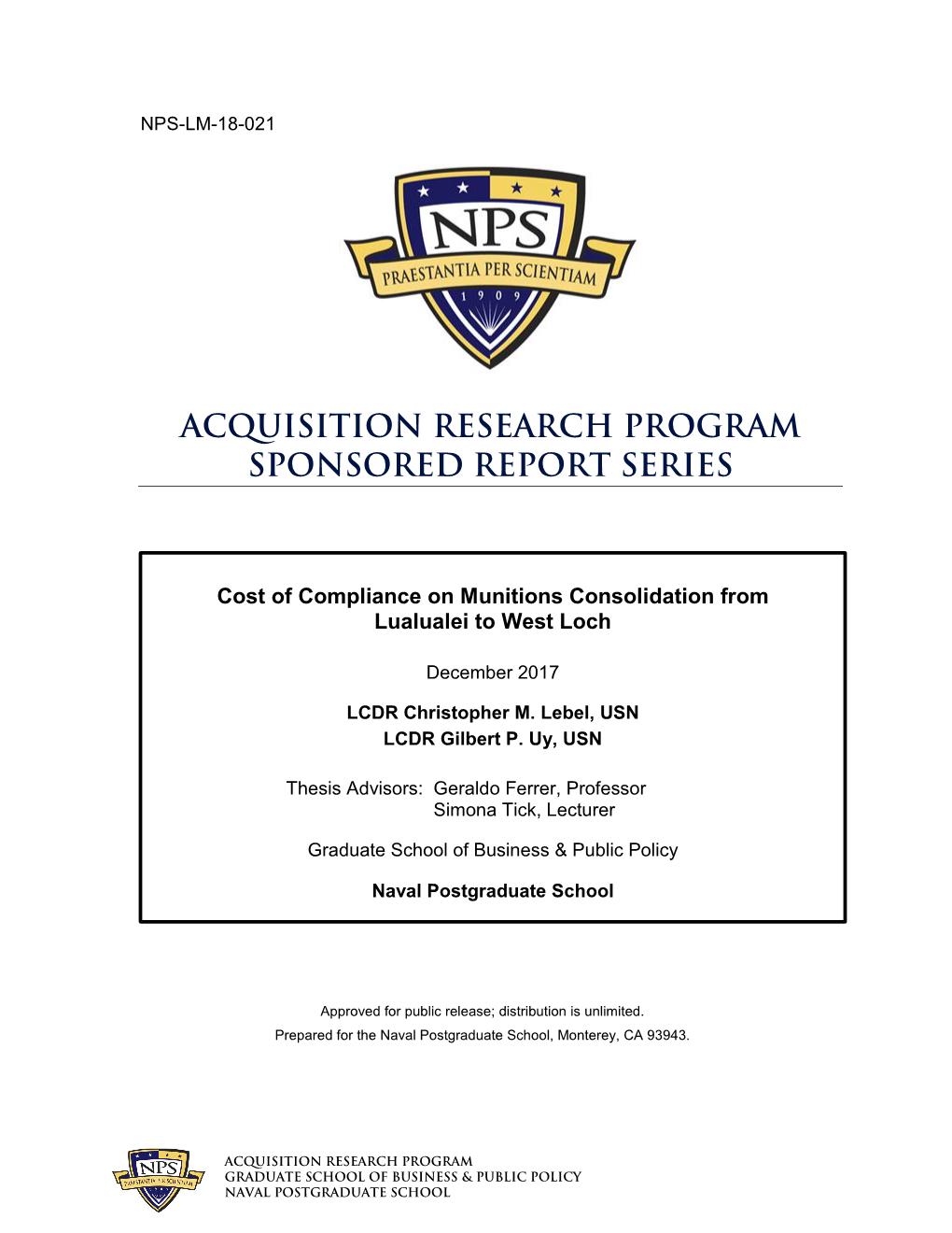 Cost of Compliance on Munitions Consolidation from Lualualei to West Loch