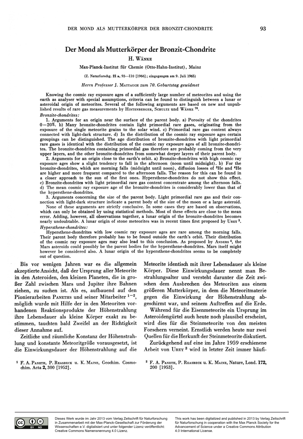 Der Mond Als Mutterkörper Der Bronzit-Chondrite