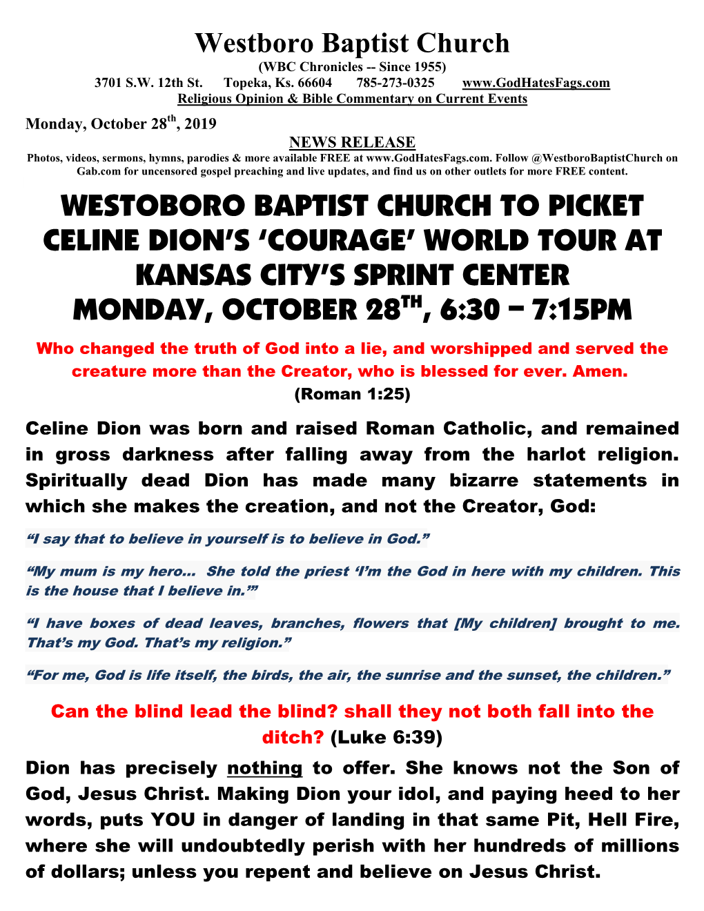 Westoboro Baptist Church to Picket Celine Dion's