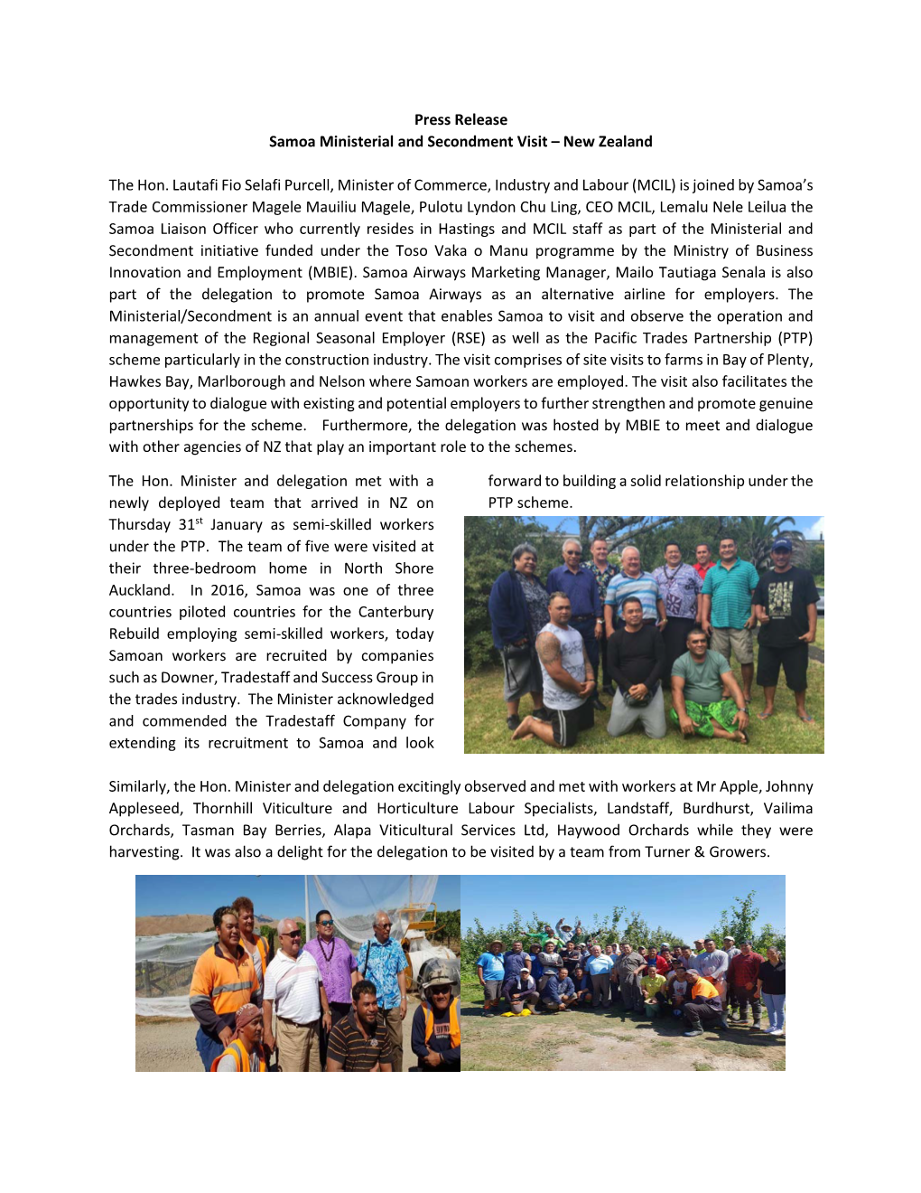 Press Release Samoa Ministerial and Secondment Visit – New Zealand
