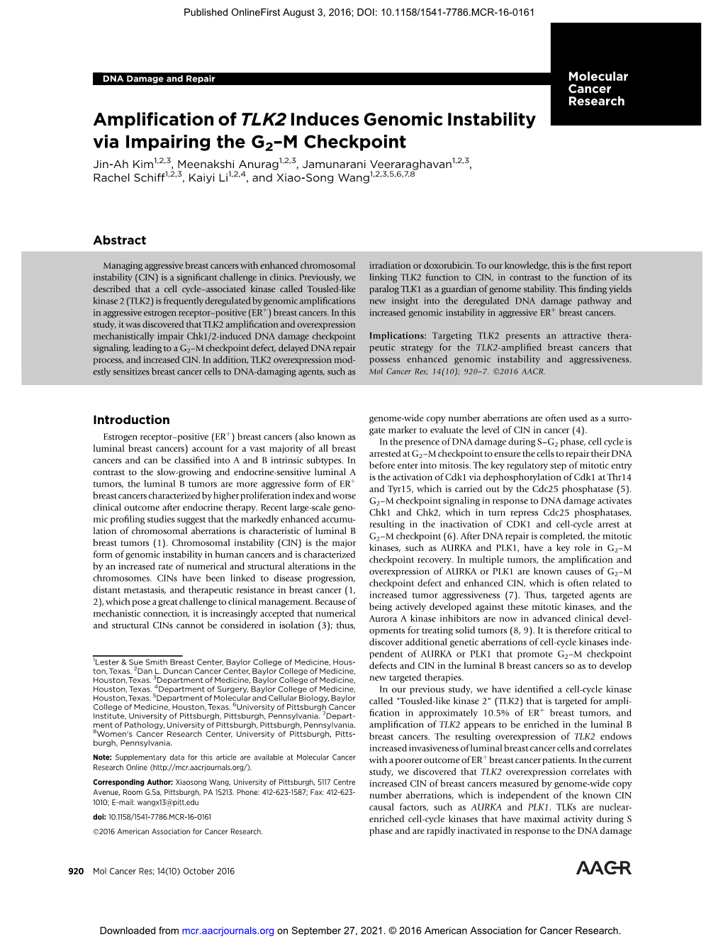 Amplification of TLK2 Induces Genomic Instability Via Impairing the G 2−M Checkpoint