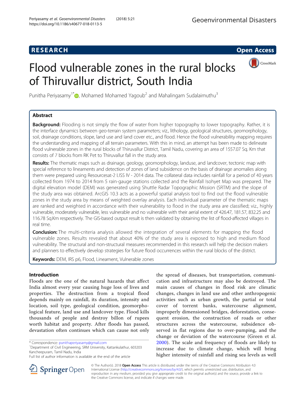 Flood Vulnerable Zones in the Rural Blocks of Thiruvallur District, South India Punitha Periyasamy1* , Mohamed Mohamed Yagoub2 and Mahalingam Sudalaimuthu3