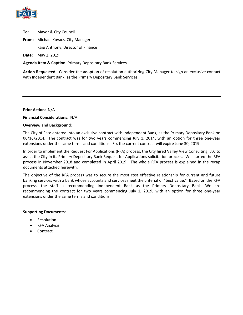 May 2, 2019 Agenda Item & Caption: Primary Depositary Bank Services