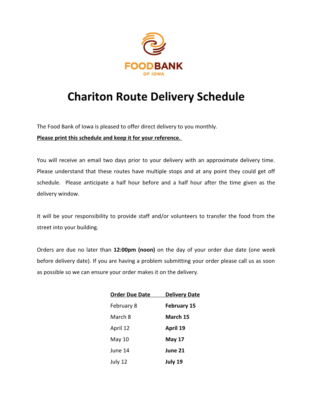 Chariton Route Delivery Schedule