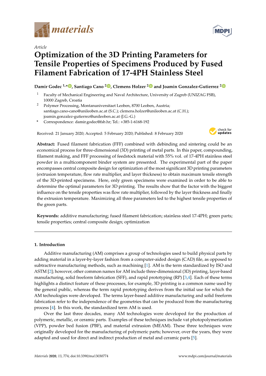 Optimization of the 3D Printing Parameters for Tensile Properties of Specimens Produced by Fused Filament Fabrication of 17-4PH Stainless Steel