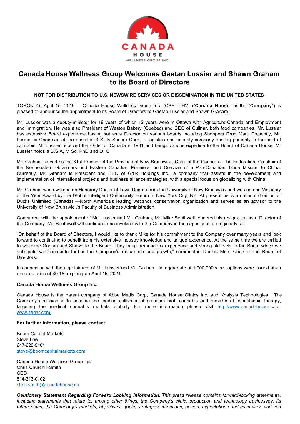 Canada House Wellness Group Welcomes Gaetan Lussier and Shawn Graham to Its Board of Directors