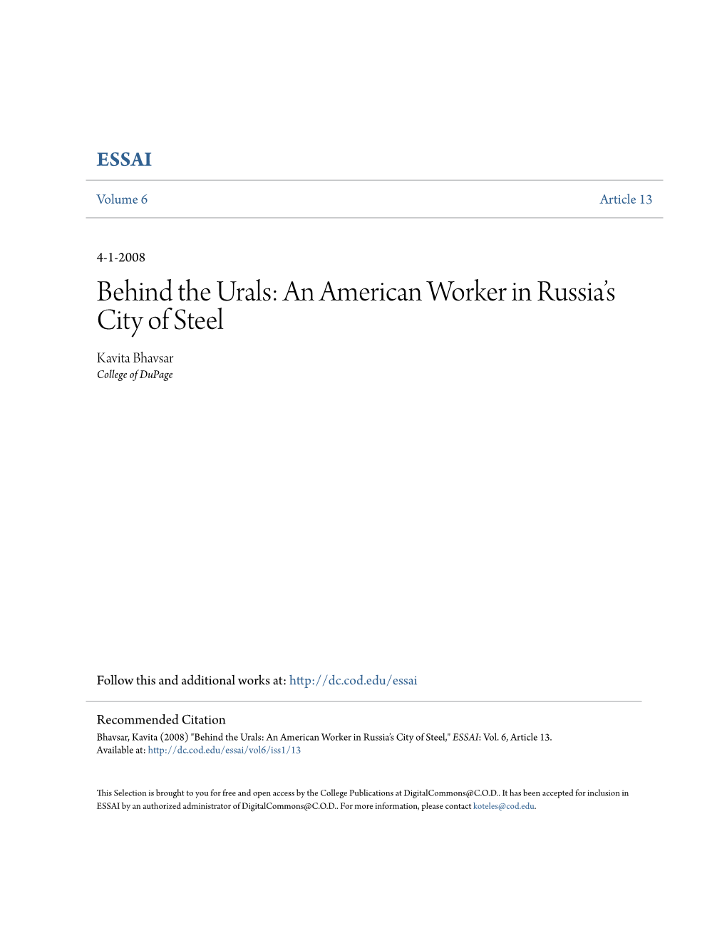 Behind the Urals: an American Worker in Russia's City of Steel