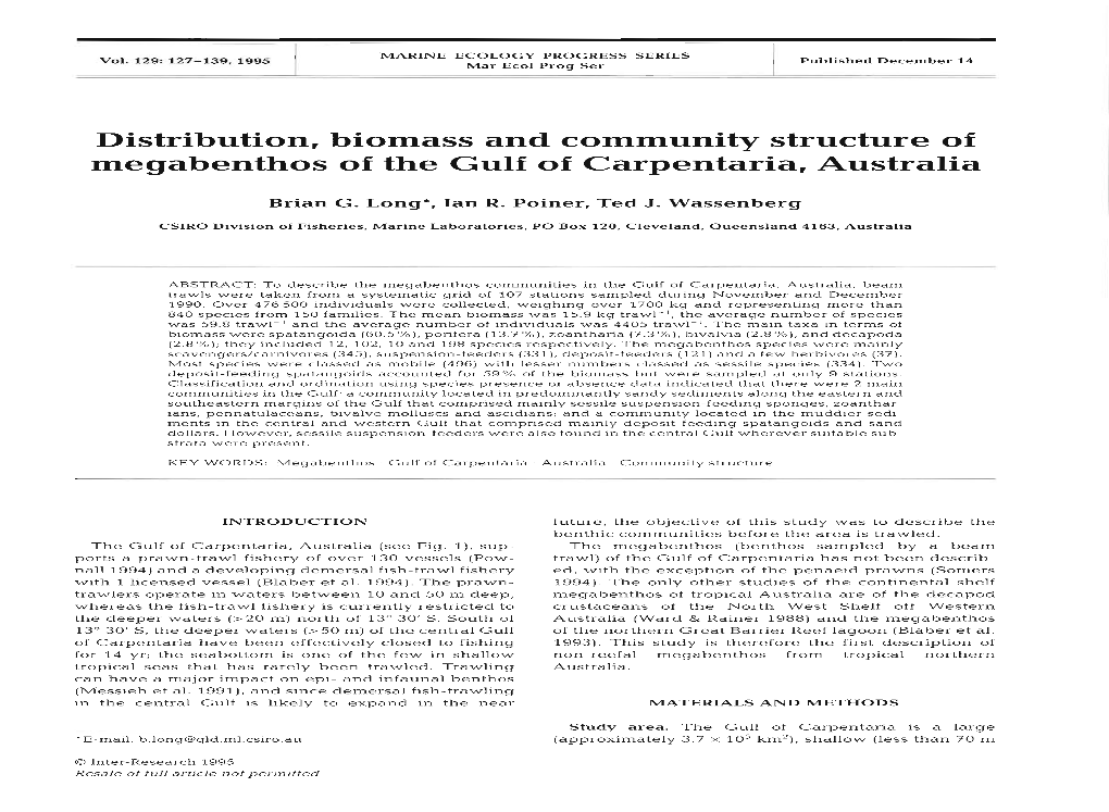 Distribution, Biomass and Community Structure of Megabenthos of the Gulf of Carpentaria, Australia