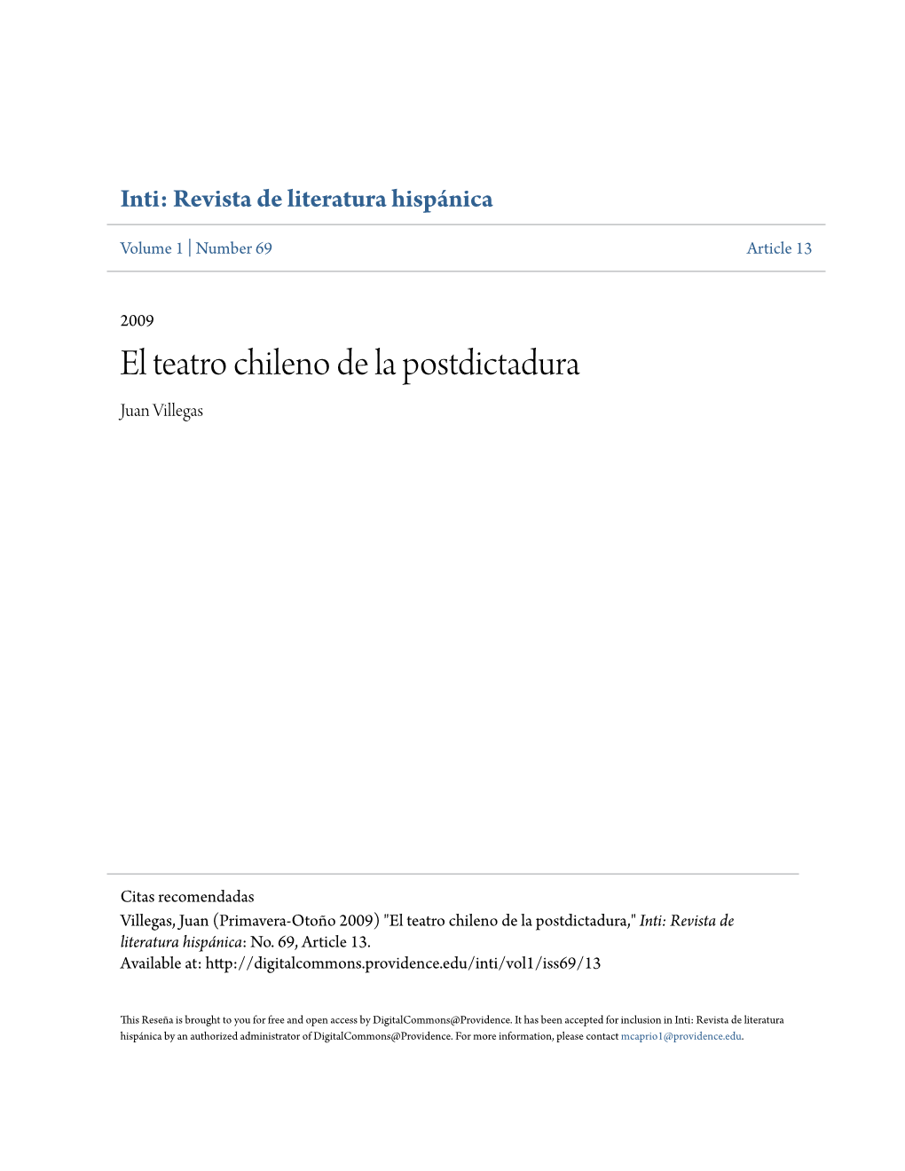 El Teatro Chileno De La Postdictadura Juan Villegas