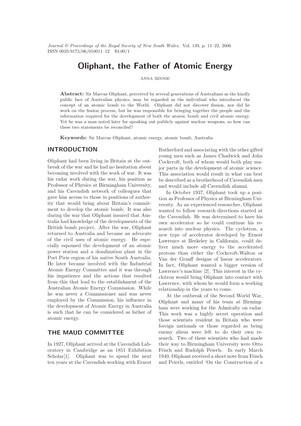 Oliphant, the Father of Atomic Energy