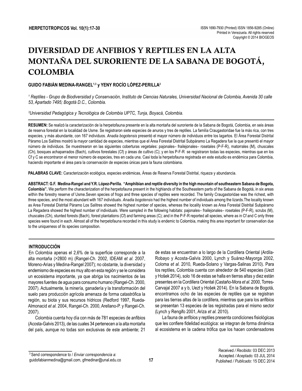 Diversidad De Anfibios Y Reptiles En La Alta Montaña Del Suroriente De La Sabana De Bogotá, Colombia