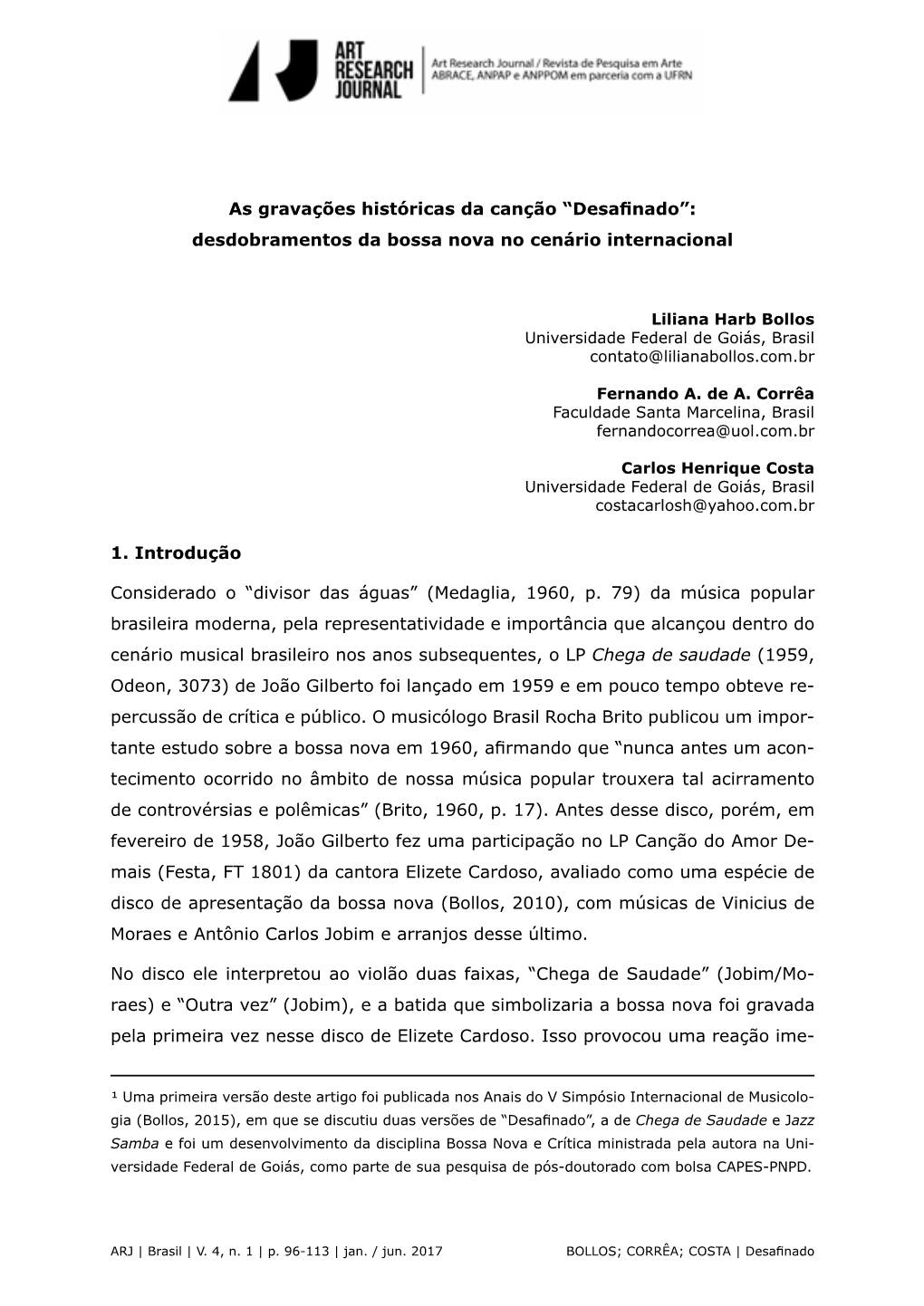 As Gravações Históricas Da Canção “Desafinado”: Desdobramentos Da Bossa Nova No Cenário Internacional