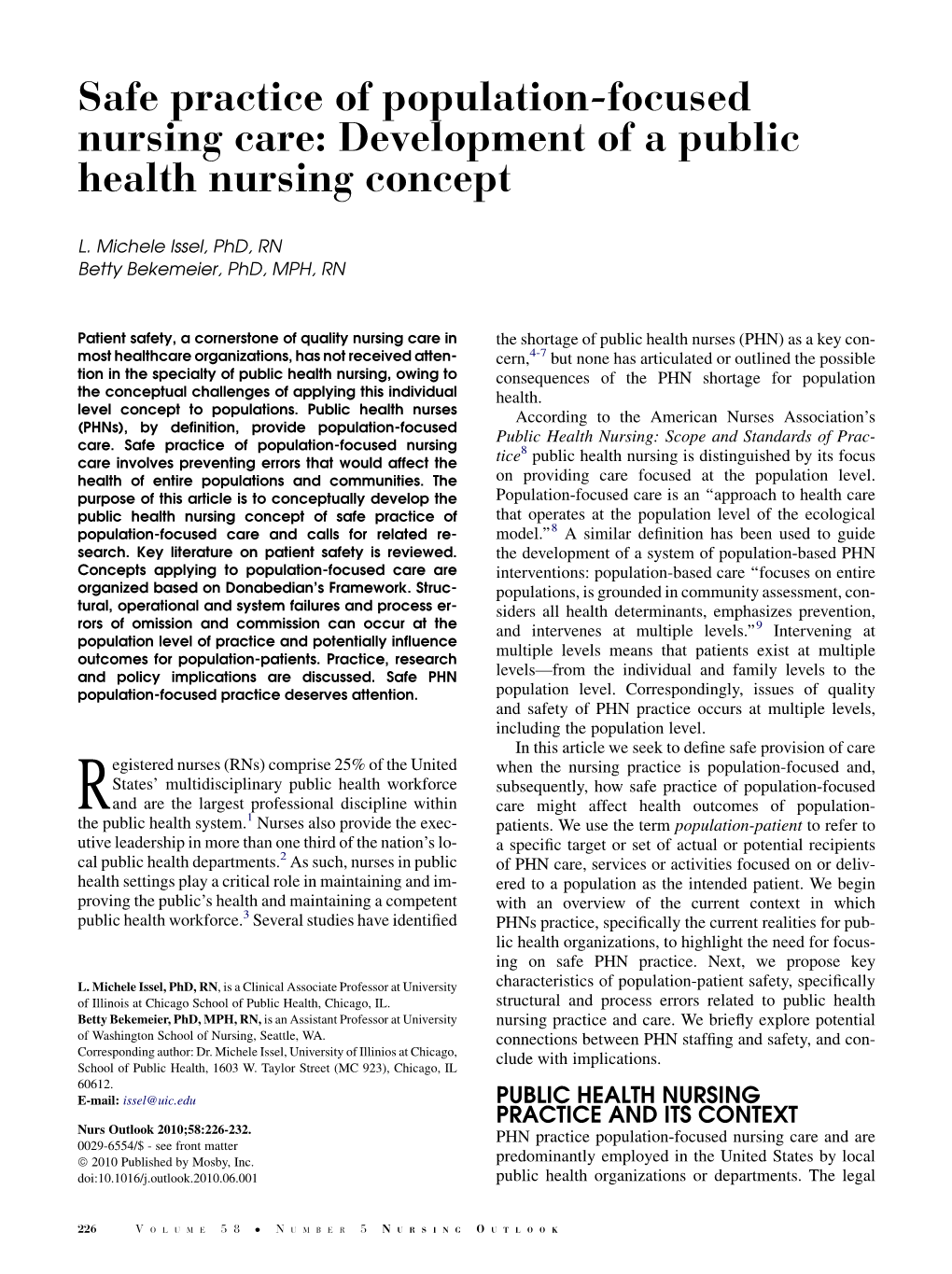 Safe Practice of Population-Focused Nursing Care: Development of a Public Health Nursing Concept