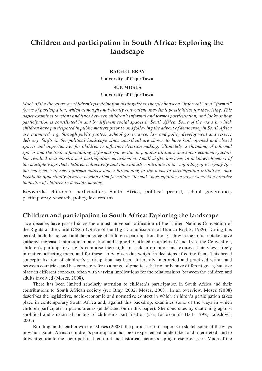 Children and Participation in South Africa: Exploring the Landscape