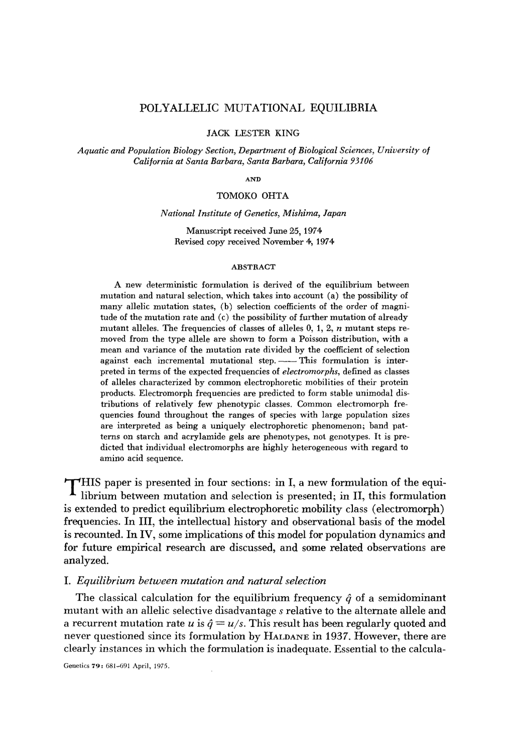 POLYALLELIC MUTATIONAL EQUILIBRIA HIS Paper Is