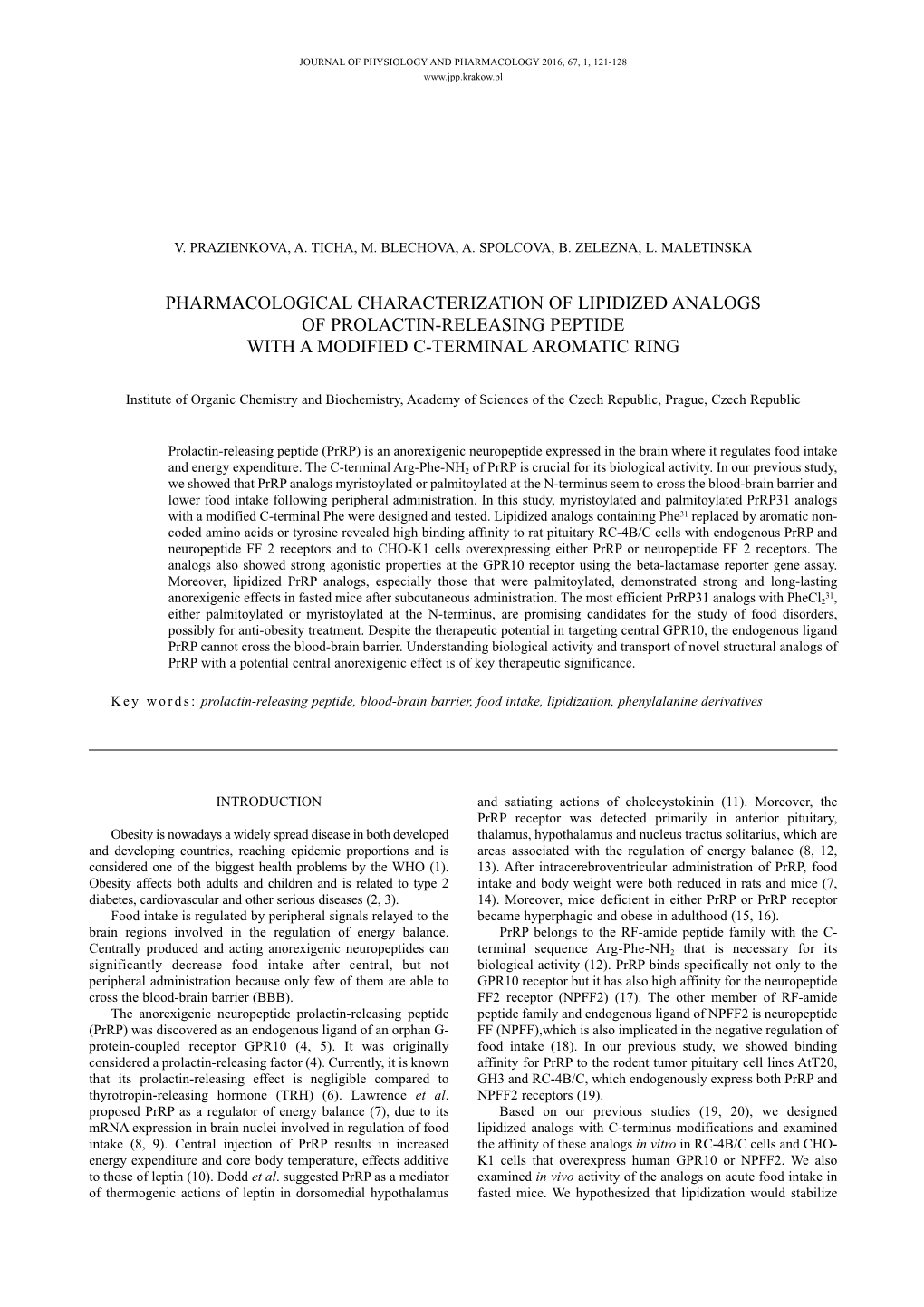 Pharmacological Characterization of Lipidized Analogs of Prolactin-Releasing Peptide with a Modified C-Terminal Aromatic Ring