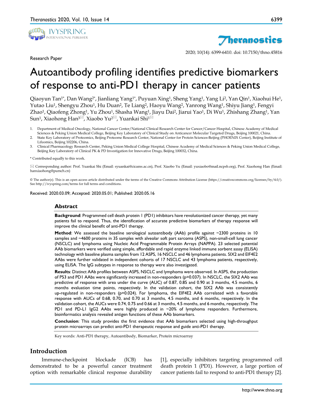 Autoantibody Profiling Identifies Predictive Biomarkers of Response